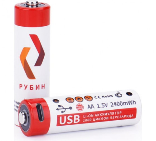 РУБИН LI-ON АА 1,5 В (2400mWh AA microUSB) 4шт Аккумуляторные батарейки
