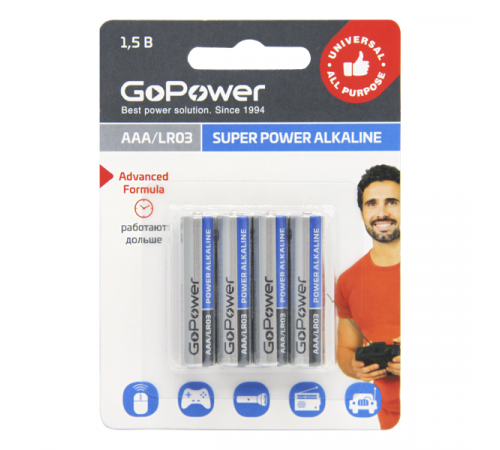 GoPower LR03 AAA BL4 Alkaline 1.5V 00-00015602 Батарейка AAA